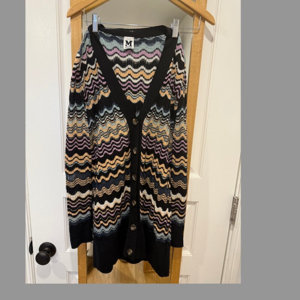 M Missoni Long Cardigan Sweater in black, peach, pink, blue. Size 40